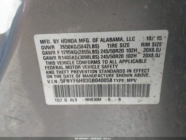 Продажа на аукционе авто 2016 Honda Pilot Elite, vin: 5FNYF6H03GB040058, номер лота: 46036201