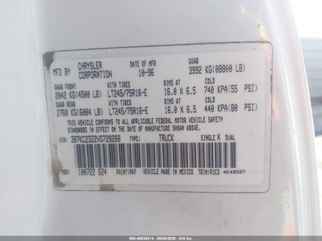 1997 Dodge Ram 2500 St მანქანა იყიდება აუქციონზე, vin: 3B7KC23Z2VG729268, აუქციონის ნომერი: 46036214