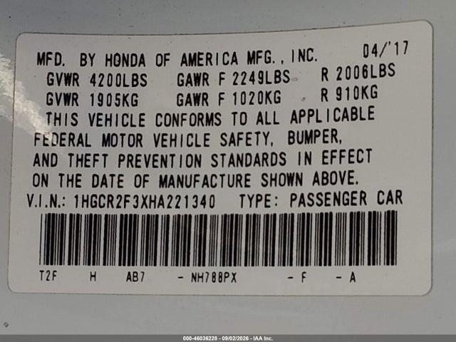 Honda ACCORD LX 2017 1HGCR2F3XHA221340 Image 9
