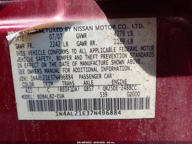 Продажа на аукционе авто 2007 Nissan Altima 2.5 S, vin: 1N4AL21E37N496884, номер лота: 46036232