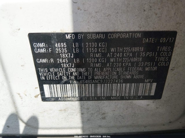 46036233 :رقم المزاد ، 4S4BSANC9J3227436 vin ، 2018 Subaru Outback 2.5i Limited مزاد بيع