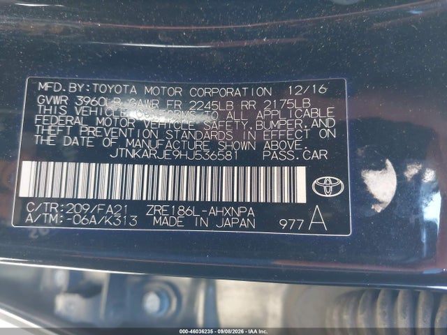 Aukcja sprzedaży 2017 Toyota Corolla Im, vin: JTNKARJE9HJ536581, numer aukcji: 46036235