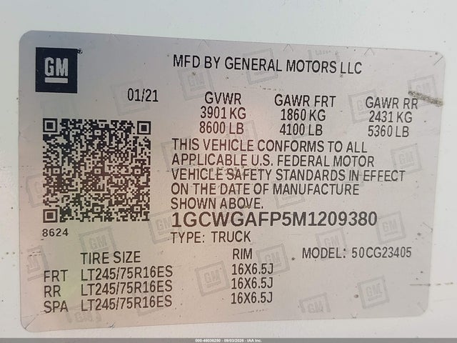 Продаж на аукціоні авто 2021 Chevrolet Express Cargo Rwd 2500 Regular Wheelbase Wt, vin: 1GCWGAFP5M1209380, номер лоту: 46036250
