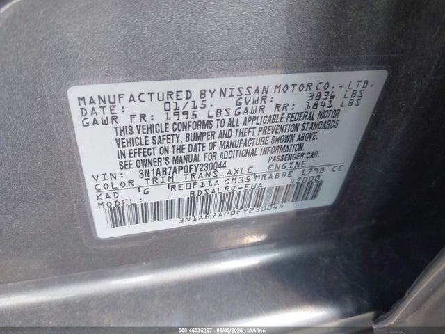 Aukcja sprzedaży 2015 Nissan Sentra Sr, vin: 3N1AB7AP0FY230044, numer aukcji: 46036257