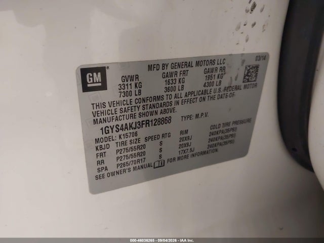 Продаж на аукціоні авто 2015 Cadillac Escalade Standard, vin: 1GYS4AKJ3FR128868, номер лоту: 46036265