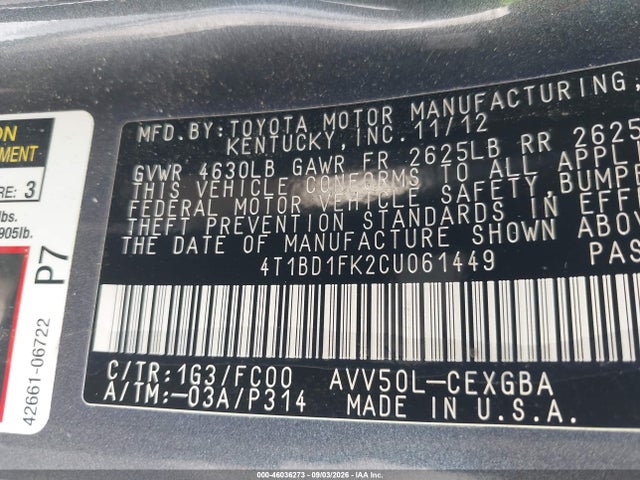 2012 Toyota Camry Hybrid Xle მანქანა იყიდება აუქციონზე, vin: 4T1BD1FK2CU061449, აუქციონის ნომერი: 46036273