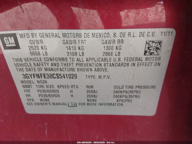 2012 Cadillac Srx Premium Collection მანქანა იყიდება აუქციონზე, vin: 3GYFNFE38CS541029, აუქციონის ნომერი: 46036295