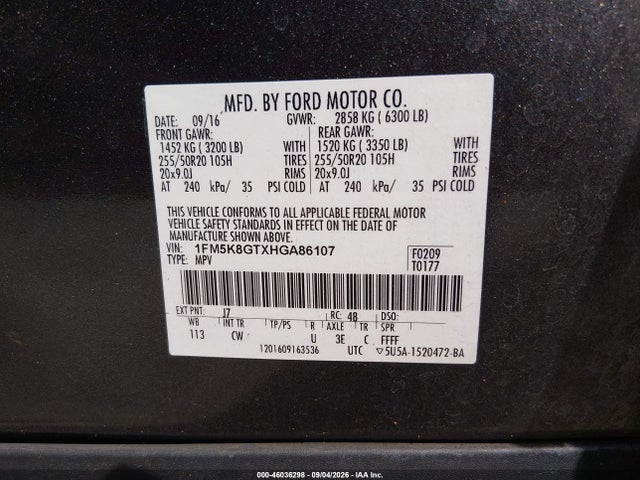 46036298 :رقم المزاد ، 1FM5K8GTXHGA86107 vin ، 2017 Ford Explorer Sport مزاد بيع