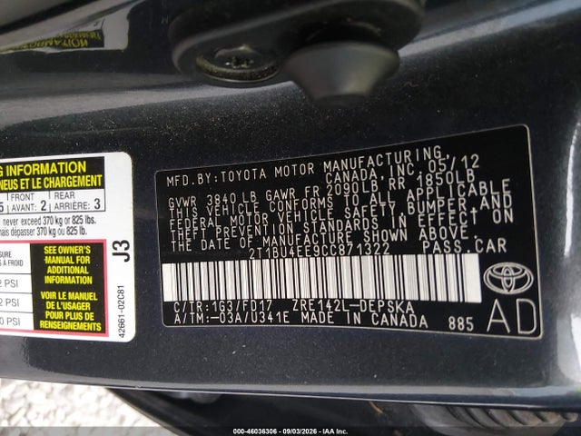Aukcja sprzedaży 2012 Toyota Corolla S, vin: 2T1BU4EE9CC871322, numer aukcji: 46036306