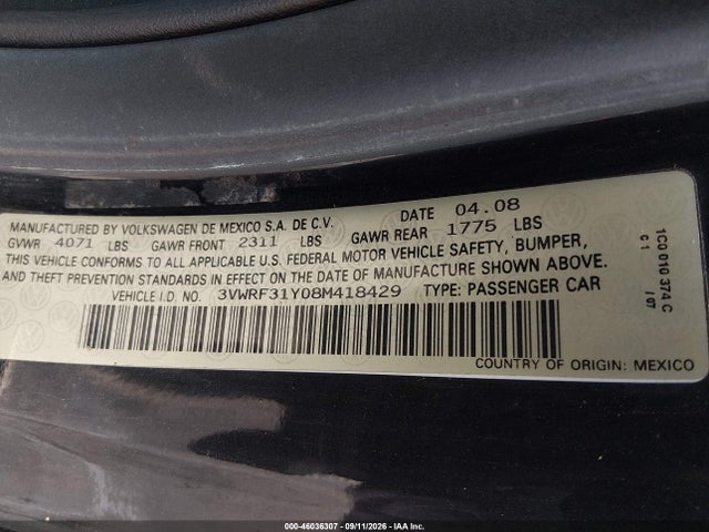 Aukcja sprzedaży 2008 Volkswagen New Beetle Se, vin: 3VWRF31Y08M418429, numer aukcji: 46036307