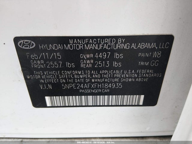 Продажа на аукционе авто 2015 Hyundai Sonata Se, vin: 5NPE24AFXFH184935, номер лота: 46036318
