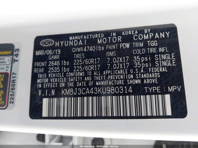 46036319 :رقم المزاد ، KM8J3CA43KU980314 vin ، 2019 Hyundai Tucson Value مزاد بيع