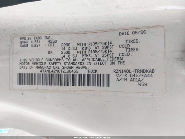 1996 Toyota Tacoma მანქანა იყიდება აუქციონზე, vin: 4TANL42N8TZ190459, აუქციონის ნომერი: 46036320