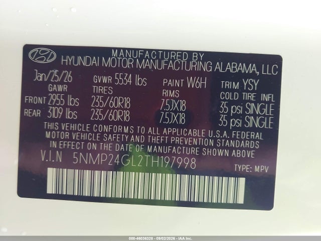 Продаж на аукціоні авто 2026 Hyundai Santa Fe Sel, vin: 5NMP24GL2TH197998, номер лоту: 46036328