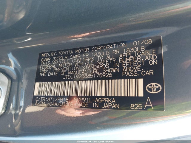2008 Toyota Yaris მანქანა იყიდება აუქციონზე, vin: JTDJT923885175926, აუქციონის ნომერი: 46036334