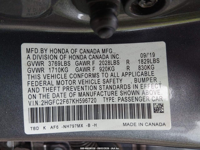 46036338 :رقم المزاد ، 2HGFC2F67KH596720 vin ، 2019 Honda Civic Lx مزاد بيع