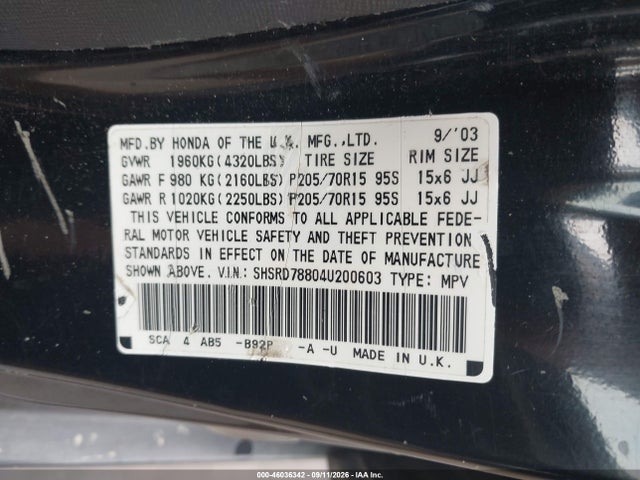 Aukcja sprzedaży 2004 Honda Cr-v Ex, vin: SHSRD78804U200603, numer aukcji: 46036342