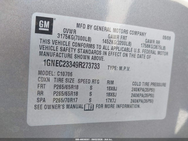 Aukcja sprzedaży 2009 Chevrolet Tahoe Lt1, vin: 1GNEC23349R273733, numer aukcji: 46036351