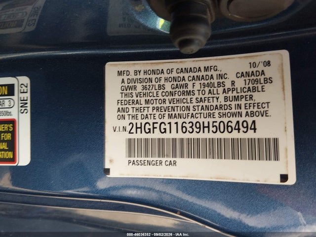 Aukcja sprzedaży 2009 Honda Civic Lx, vin: 2HGFG11639H506494, numer aukcji: 46036352