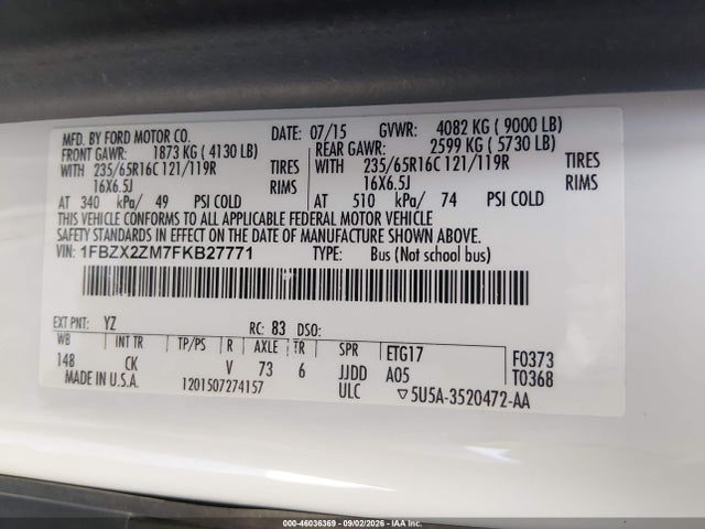 46036369 :رقم المزاد ، 1FBZX2ZM7FKB27771 vin ، 2015 Ford Transit-350 Xlt مزاد بيع