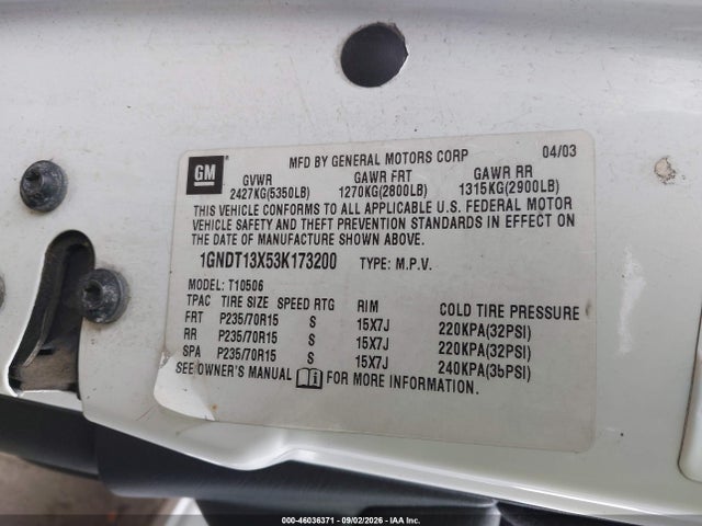 2003 Chevrolet Blazer Ls მანქანა იყიდება აუქციონზე, vin: 1GNDT13X53K173200, აუქციონის ნომერი: 46036371