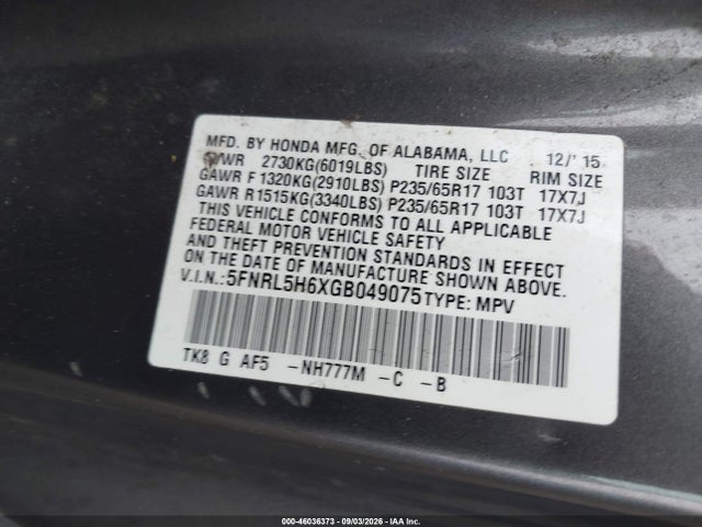 Aukcja sprzedaży 2016 Honda Odyssey Ex-l, vin: 5FNRL5H6XGB049075, numer aukcji: 46036373