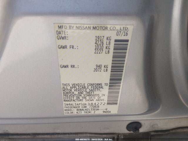 Aukcja sprzedaży 2016 Nissan Altima 2.5 Sr, vin: 1N4AL3AP5GN384272, numer aukcji: 46036378