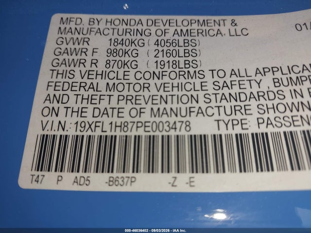 Aukcja sprzedaży 2023 Honda Civic Sport Touring, vin: 19XFL1H87PE003478, numer aukcji: 46036402