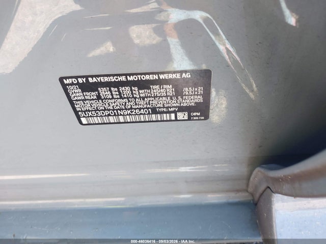 2022 Bmw X3 Xdrive30i მანქანა იყიდება აუქციონზე, vin: 5UX53DP01N9K26401, აუქციონის ნომერი: 46036416