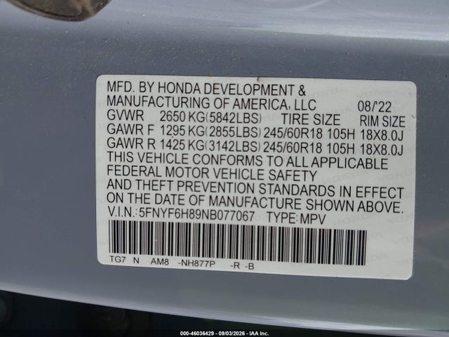 Aukcja sprzedaży 2022 Honda Pilot Awd Trailsport, vin: 5FNYF6H89NB077067, numer aukcji: 46036429