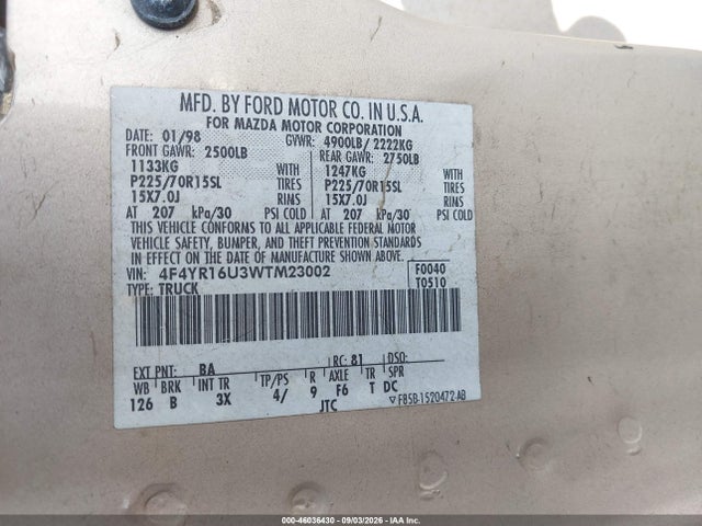 Aukcja sprzedaży 1998 Mazda B3000 Se, vin: 4F4YR16U3WTM23002, numer aukcji: 46036430