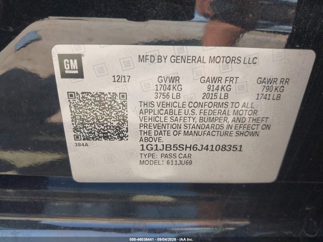 Продажа на аукционе авто 2018 Chevrolet Sonic Ls Auto, vin: 1G1JB5SH6J4108351, номер лота: 46036441