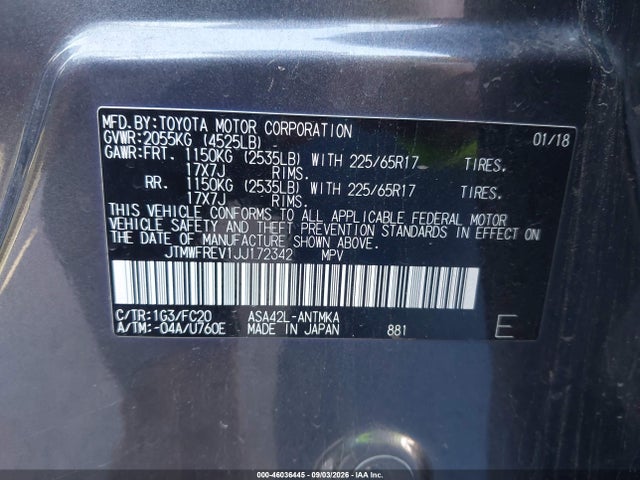 46036445 :رقم المزاد ، JTMWFREV1JJ172342 vin ، 2018 Toyota Rav4 Xle مزاد بيع
