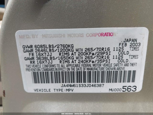Продажа на аукционе авто 2003 Mitsubishi Montero 20th Anniversary, vin: JA4NW61S33J046387, номер лота: 46036454