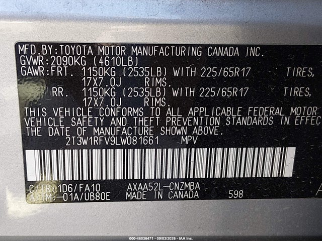 2020 Toyota Rav4 Xle მანქანა იყიდება აუქციონზე, vin: 2T3W1RFV9LW081661, აუქციონის ნომერი: 46036471