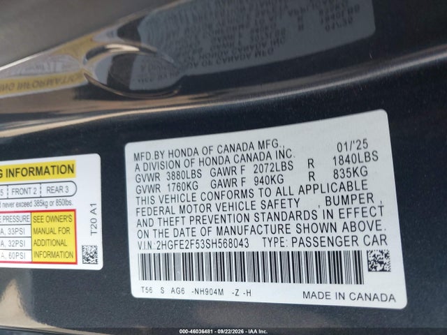 Honda Civic Sport 2025 2HGFE2F53SH568043 Image 9