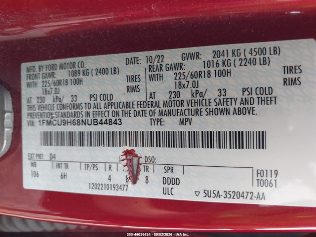46036494 :رقم المزاد ، 1FMCU9H68NUB44843 vin ، 2022 Ford Escape Sel مزاد بيع