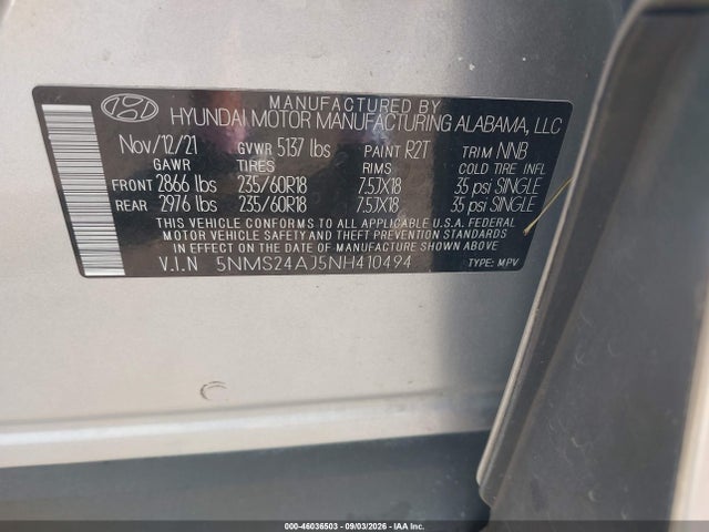 Aukcja sprzedaży 2022 Hyundai Santa Fe Sel, vin: 5NMS24AJ5NH410494, numer aukcji: 46036503