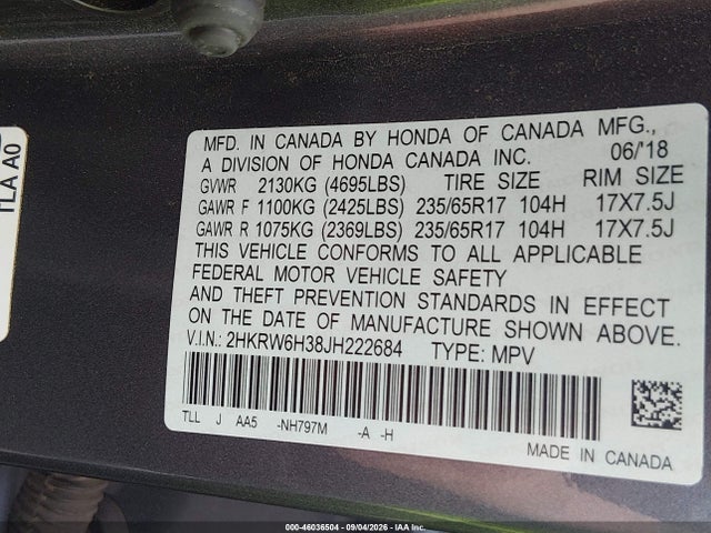 46036504 :رقم المزاد ، 2HKRW6H38JH222684 vin ، 2018 Honda Cr-v Lx مزاد بيع