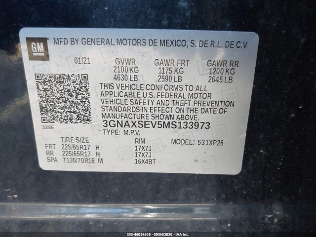 Продажа на аукционе авто 2021 Chevrolet Equinox Awd Ls, vin: 3GNAXSEV5MS133973, номер лота: 46036505