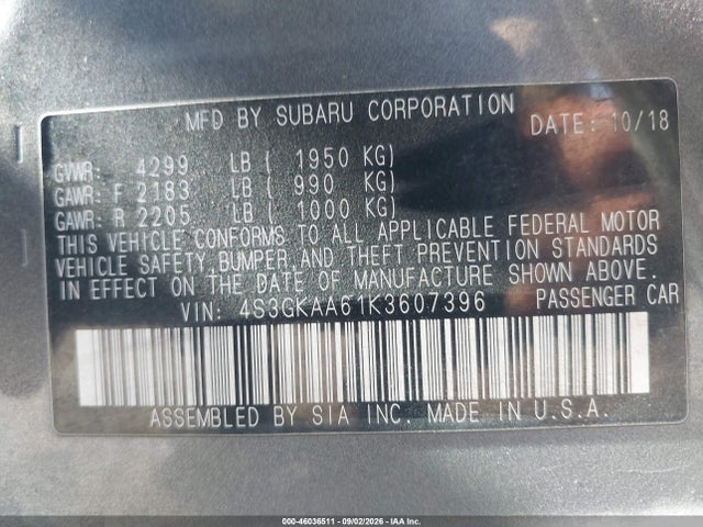 46036511 :رقم المزاد ، 4S3GKAA61K3607396 vin ، 2019 Subaru Impreza 2.0i مزاد بيع
