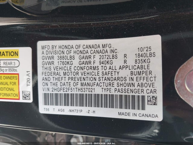 Продажа на аукционе авто 2026 Honda Civic Sport, vin: 2HGFE2F51TH537021, номер лота: 46036513