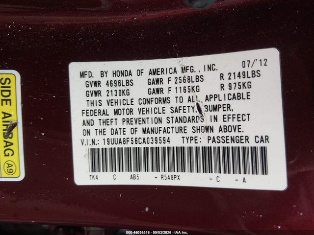 Продажа на аукционе авто 2012 Acura Tl 3.5, vin: 19UUA8F56CA039594, номер лота: 46036516