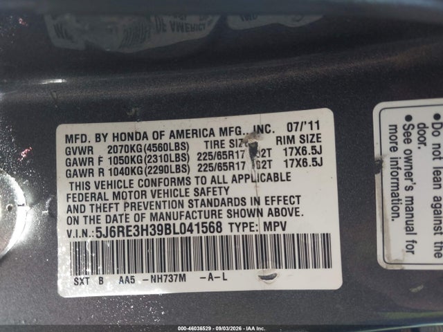 2011 Honda Cr-v Lx მანქანა იყიდება აუქციონზე, vin: 5J6RE3H39BL041568, აუქციონის ნომერი: 46036529