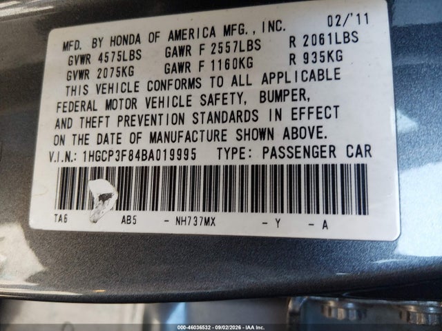 46036532 :رقم المزاد ، 1HGCP3F84BA019995 vin ، 2011 Honda Accord 3.5 Ex-l مزاد بيع