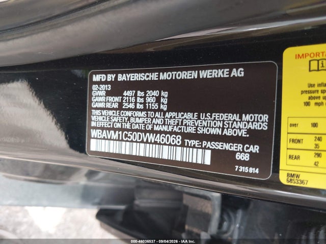 Продаж на аукціоні авто 2013 Bmw X1 Sdrive28i, vin: WBAVM1C50DVW46068, номер лоту: 46036537