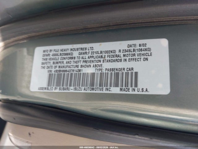 Продаж на аукціоні авто 2003 Subaru Outback Limited, vin: 4S3BH686437614381, номер лоту: 46036542