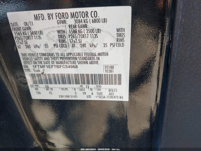 2011 Ford F-150 Stx მანქანა იყიდება აუქციონზე, vin: 1FTMF1EF7BFC54968, აუქციონის ნომერი: 46036554