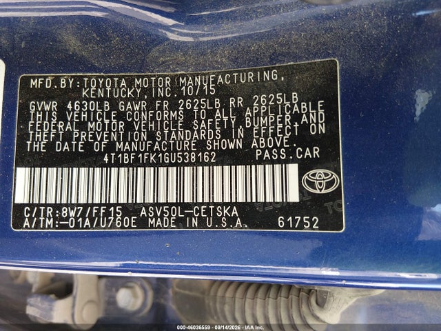 46036559 :رقم المزاد ، 4T1BF1FK1GU538162 vin ، 2016 Toyota Camry Se مزاد بيع