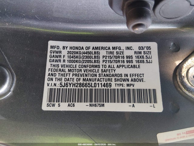 Продаж на аукціоні авто 2005 Honda Element Ex, vin: 5J6YH28665L011469, номер лоту: 46036560